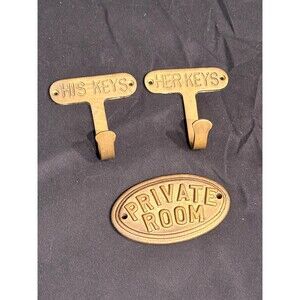 Antique Brass His & Her Keys Wall Hooks + Private Room Door Plaque